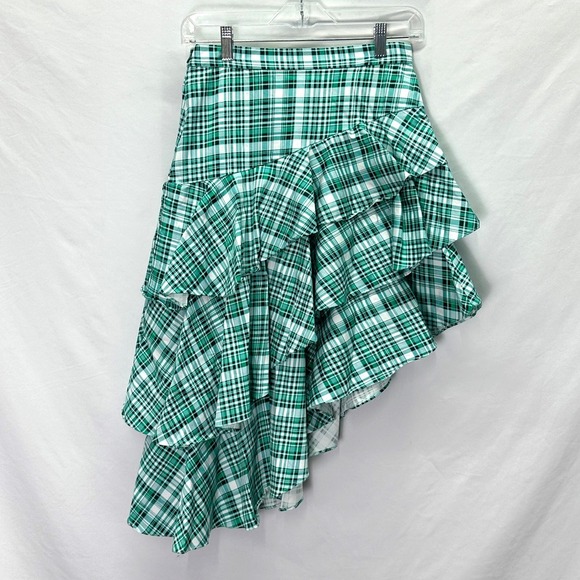 Amur Pippie Plaid Asymmetrical Ruffle Skirt Green Tiered Size 4 - Picture 2 of 8
